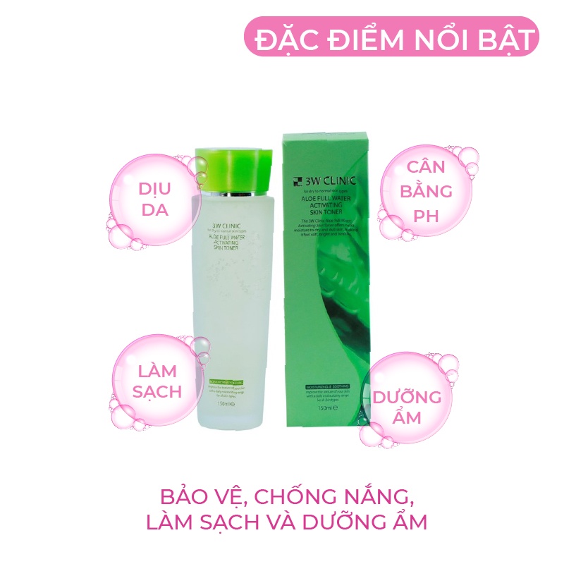 Nước hoa hồng dưỡng trắng da cấp nước se khít lỗ chân lông tinh chất Lô Hội 3W Clinic Hàn Quốc 150ml