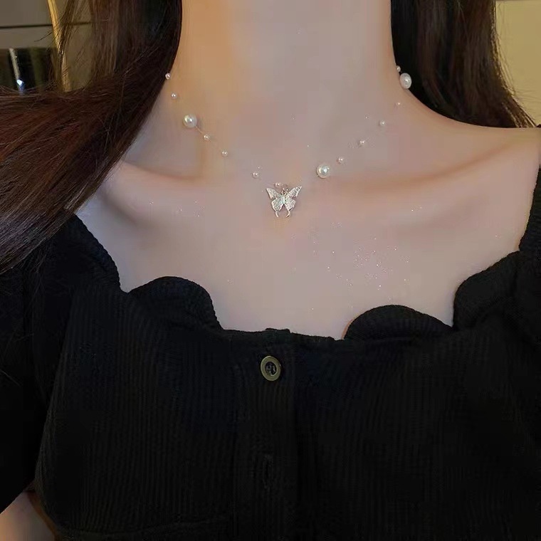Vòng cổ Ngọc Trai Mặt Hình Bướm Sang Trọng Hợp Thời Trang Cho Nữ