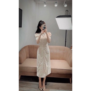 Váy midi tay bồng cúc đôngf