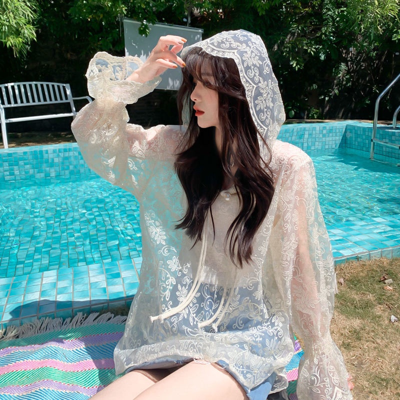 Áo Khoác Ren Lưới Trong Suốt Có Nón Trùm Đầu Chống Nắng Thời Trang Cho Nữ