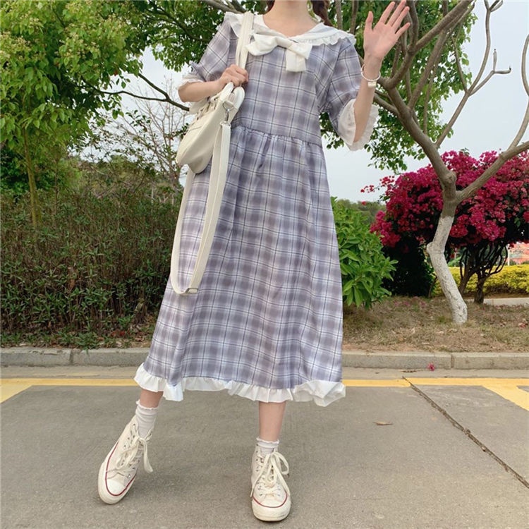 Đầm Midi Tay Ngắn Dáng Rộng Cổ Thủy Thủ Phong Cách Hàn Quốc Thời Trang Mùa Hè Xinh Xắn Cho Nữ