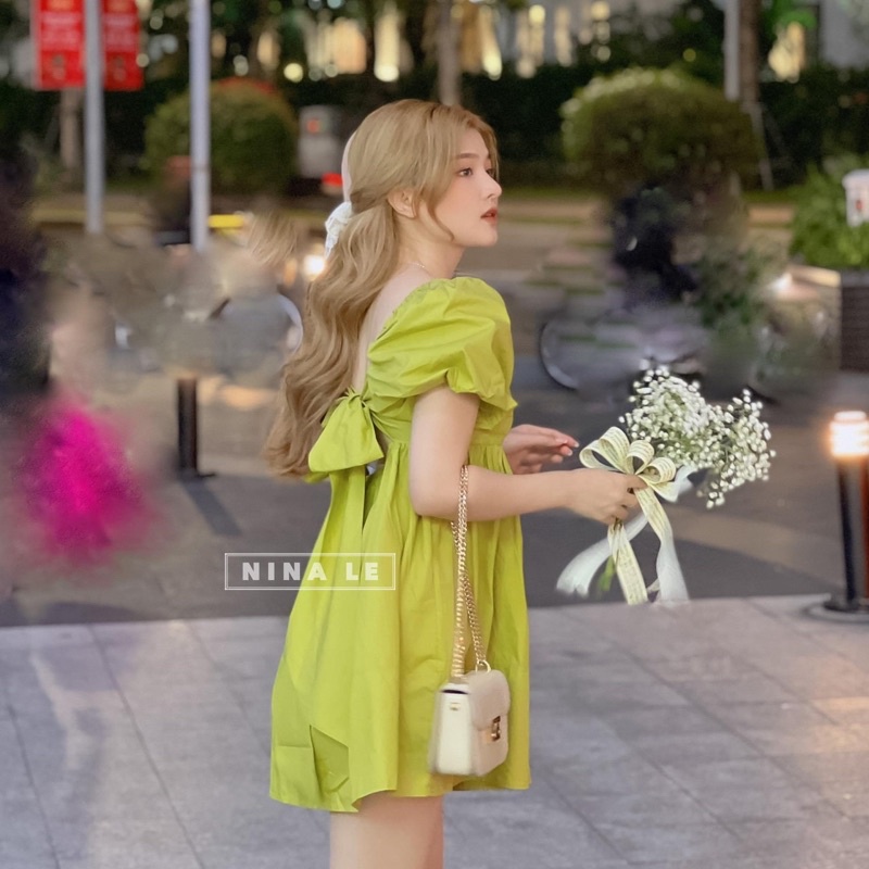 VÁY BABYDOLL XANH NÕN CHUỐI NƠ SAU TAY BỒNG SIÊU XINH