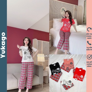 Đồ bộ nữ quần kẻ karo áo cotton in hình phối hot trend Yukago SA1611