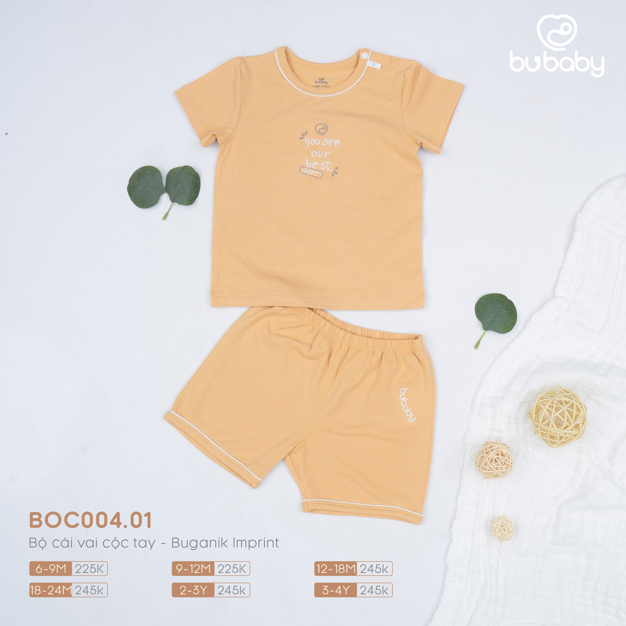 Bộ quần áo Bu Baby cài vai cộc tay cho bé trai và gái từ 6 tháng đến 4 tuổi Buganik Imprint BOC004.01