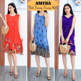 Đầm Trung Niên Dáng Suông Đuôi Cá họa tiết thổ cẩm AMYRA - Đầm Mặc Nhà Cho Mẹ chất lanh thái siêu thoáng mát Va025