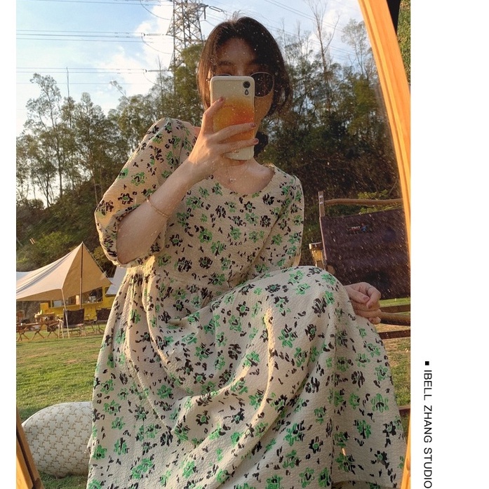 [CÓ SẴN] Váy hoa nhí cổ vuông màu cổ điển 🎀 nơ sau cổ 🎀 dáng dài siêu xinh