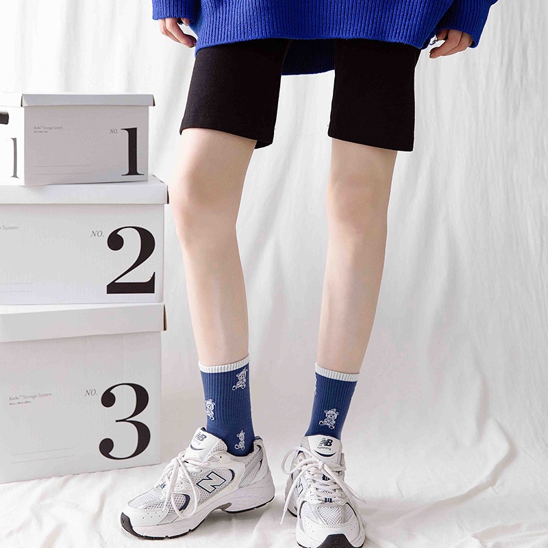 1 Đôi Tất Cotton Ngang Bắp Chân In Hình Gấu Thỏ Hoạt Hình Phối Ren Màu Trắng / Xanh Dương Thời Trang Mùa Thu Cho Bạn