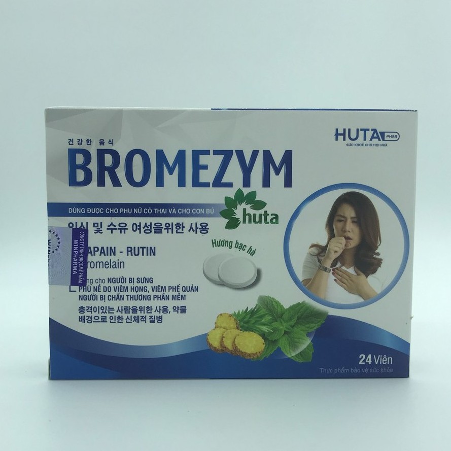 Viên ngậm BROMEZYM HUTA, giảm sưng, đau do viêm họng, viêm phế quản hộp 24 viên