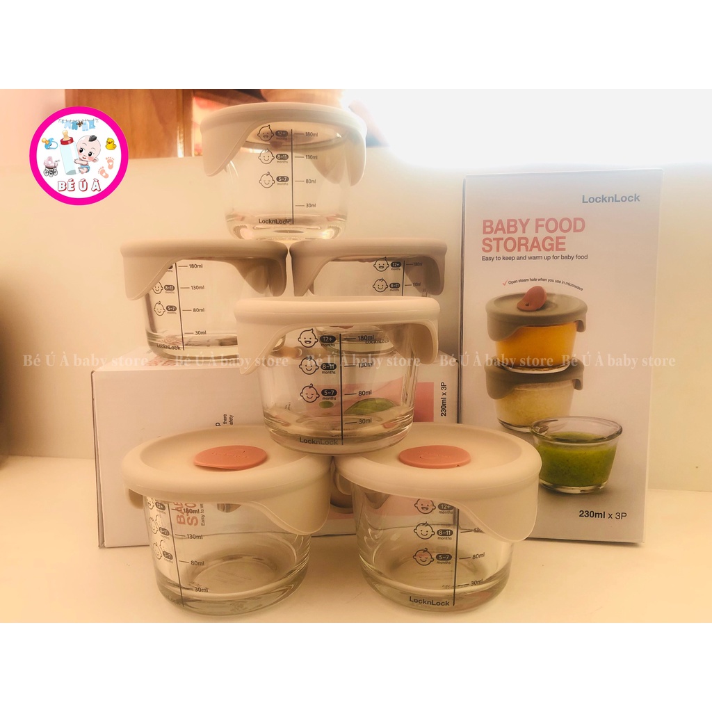 Hũ/chén thủy tinh chia vạch của Lock&Lock LLG508 nắp mềm dung tích 230ml đựng thức ăn cho bé theo từng tháng tuổi