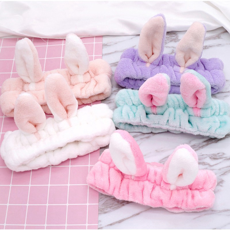 Băng đô turban nơ tai thỏ vải nhung 3D mềm mịn dễ thương