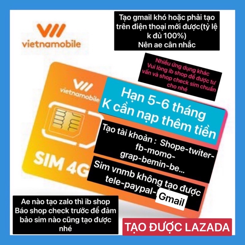 Sim VNMB tạo tài khoản hạn sử dụng 6 tháng , sim vietnamobile giá rẻ