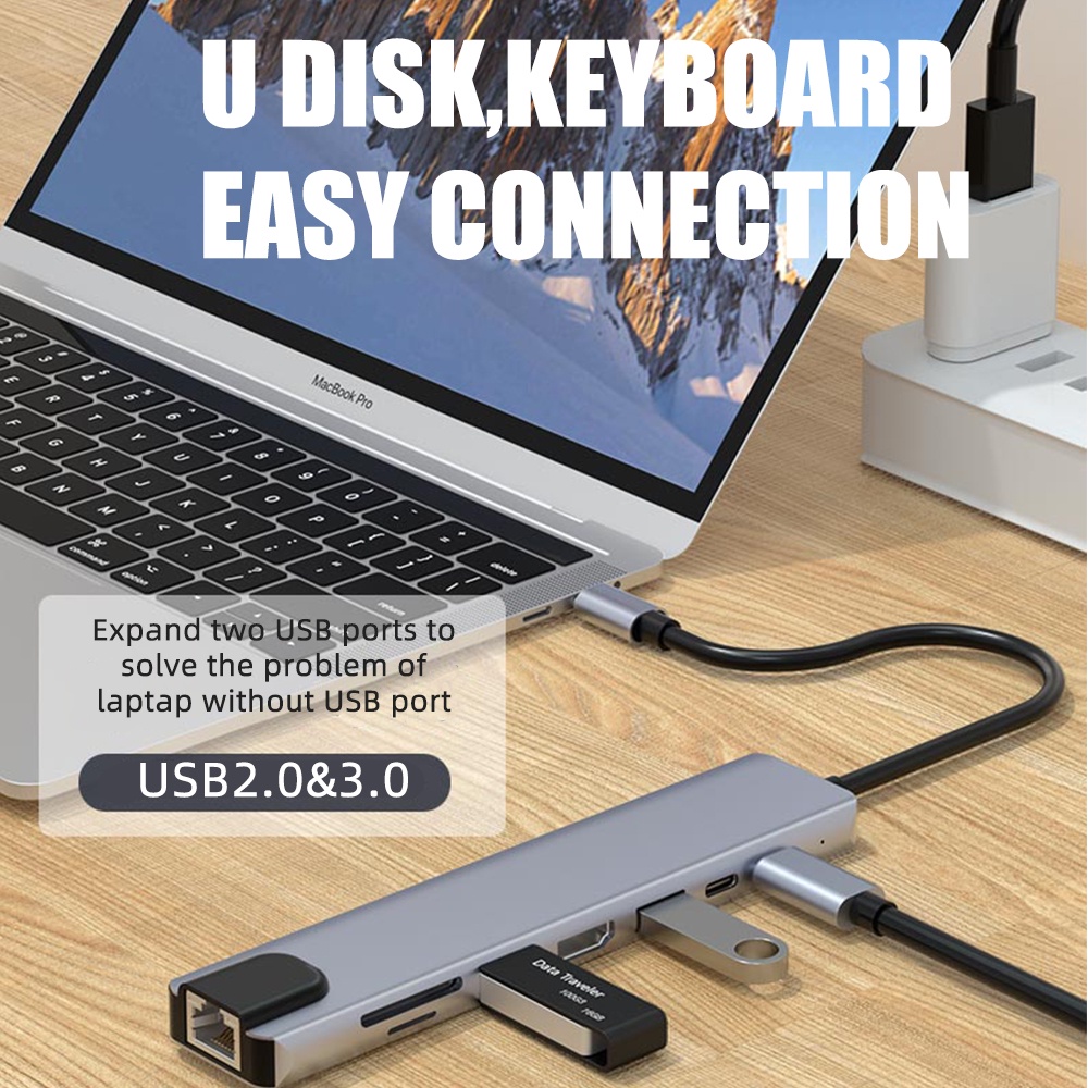 Bộ Chuyển Đổi Hub Type C Sang 4K HDMI 8 Trong 1 Với Đầu Đọc Thẻ TF / SD RJ45 Cho MacBook Notebook Laptop Máy Tính