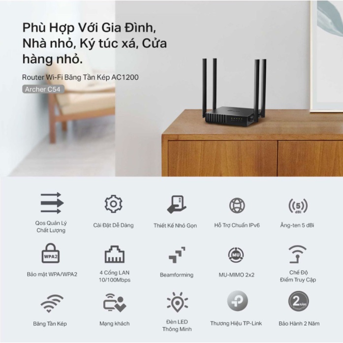 Bộ Phát Wifi TP-Link Băng Tần Kép AC1200 Archer C54 | Hàng Chính Hãng | Bảo Hành 24 Tháng.