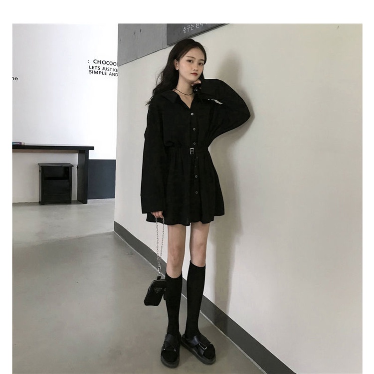 Đầm Sơ Mi Ôm Eo Phối Dây Thắt Thời Trang Hàn Quốc Cho Nữ