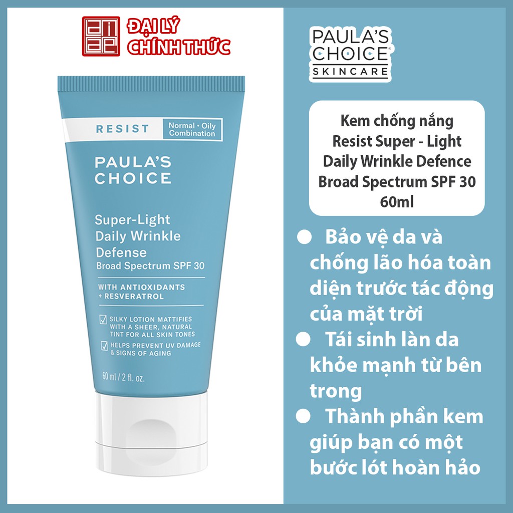 Kem chống nắng SPF 30 Paula's Choice Resist Super - Light Daily Wrinkle Defence Broad Spectrum SPF 30-60ml M7760