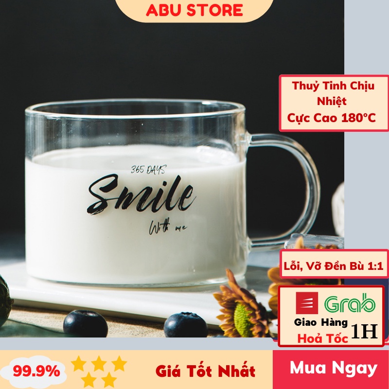 Cốc thủy tinh uống nước 400ML dễ thương cute, Ly thủy tinh uống trà có tay cầm SMILE ABUSTORE