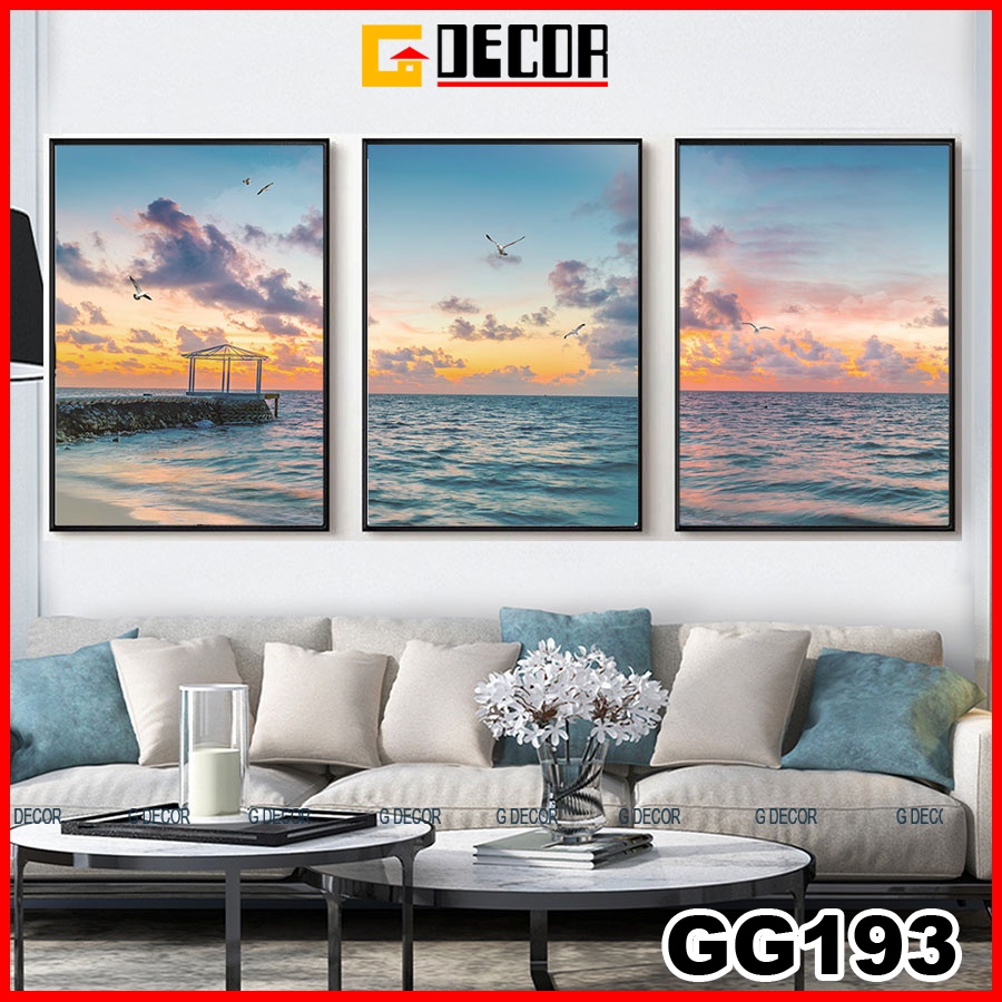 Tranh treo tường canvas khung gỗ 3 bức phong cách hiện đại Bắc Âu 193, tranh phong cảnh biển trang trí phòng khách, spa