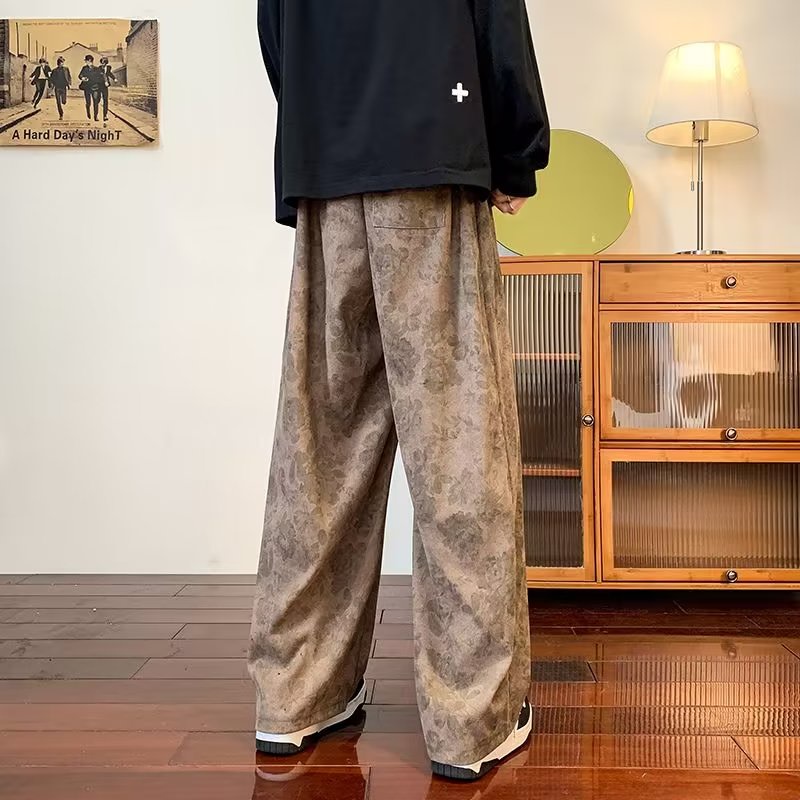 Quần Dài Dây Rút Ống Suông Rộng In Họa Tiết Phong Cách Hong Kong Cổ Điển Thời Trang Xuân Thu Cho Nam Size M-3XL