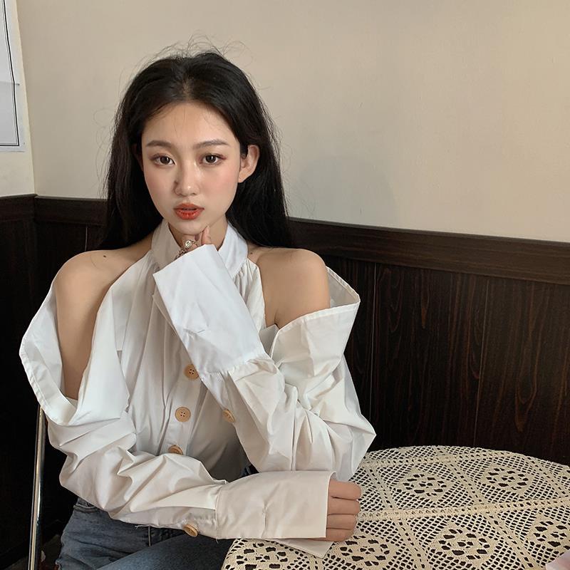 Áo sơ mi trắng dài tay trễ vai thời trang cho nữ