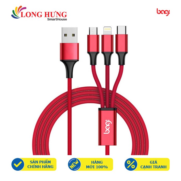 Cáp 3 trong 1 Micro USB - Lightning - USB Type-C Bagi 1.2m CB-AS12 - Hàng chính hãng