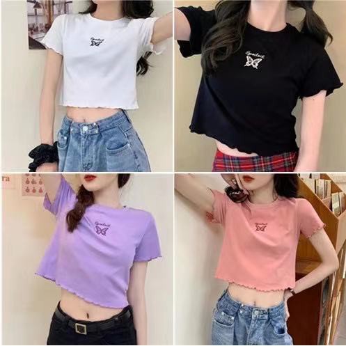 Áo Croptop Ngắn Tay Thêu Hình Bướm Xinh Xắn Cho Nữ GK0I