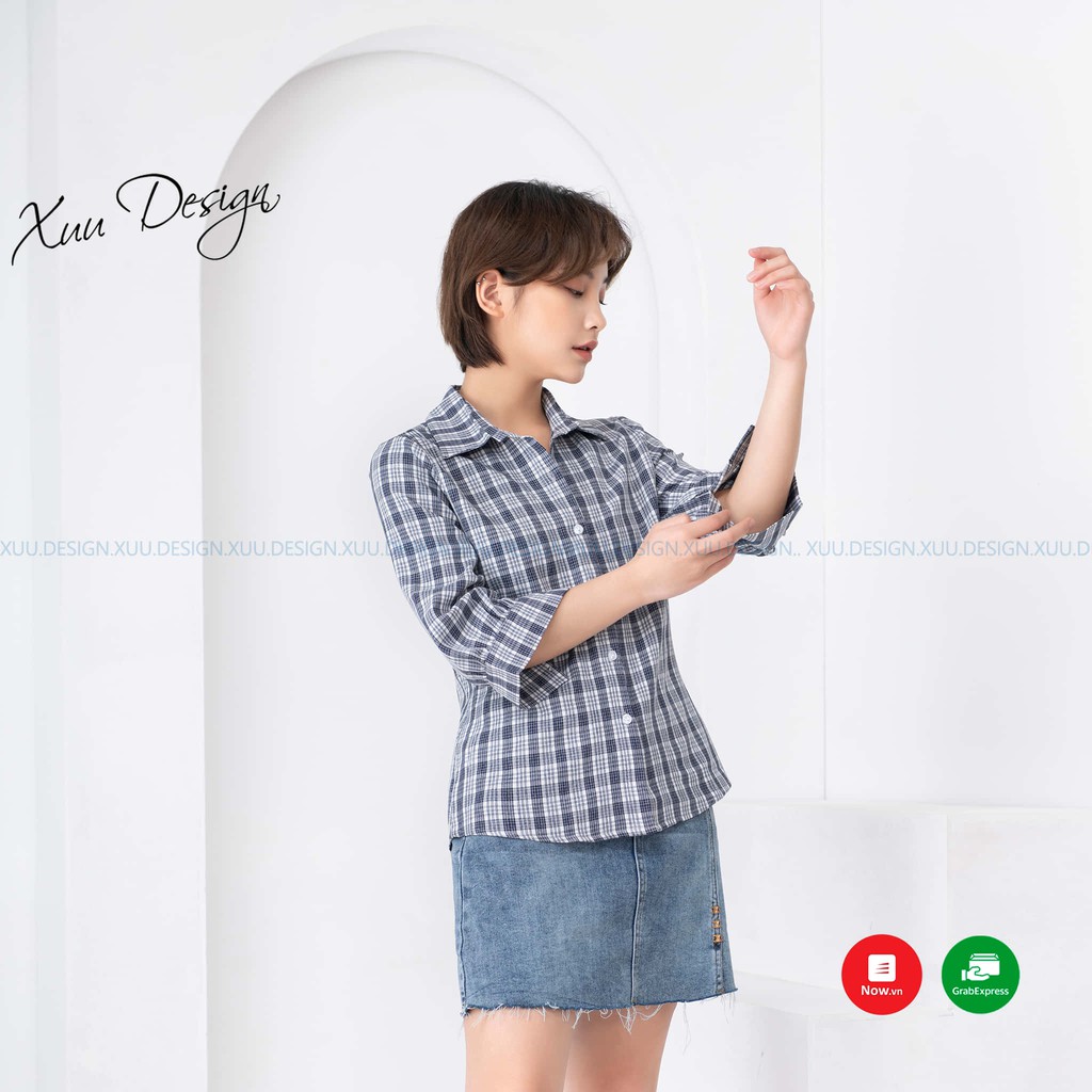 Áo sơ mi nữ kẻ caro Xuu, chất vải kate thiết kế tay lỡ trẻ trung Xu02