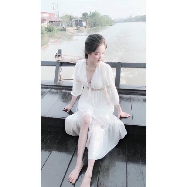 Đầm maxi công chúa FREESHIP - HÀNG CAO CẤP trắng phối ren XUKA-DRESS,đi biển siêu đẹp. 👗