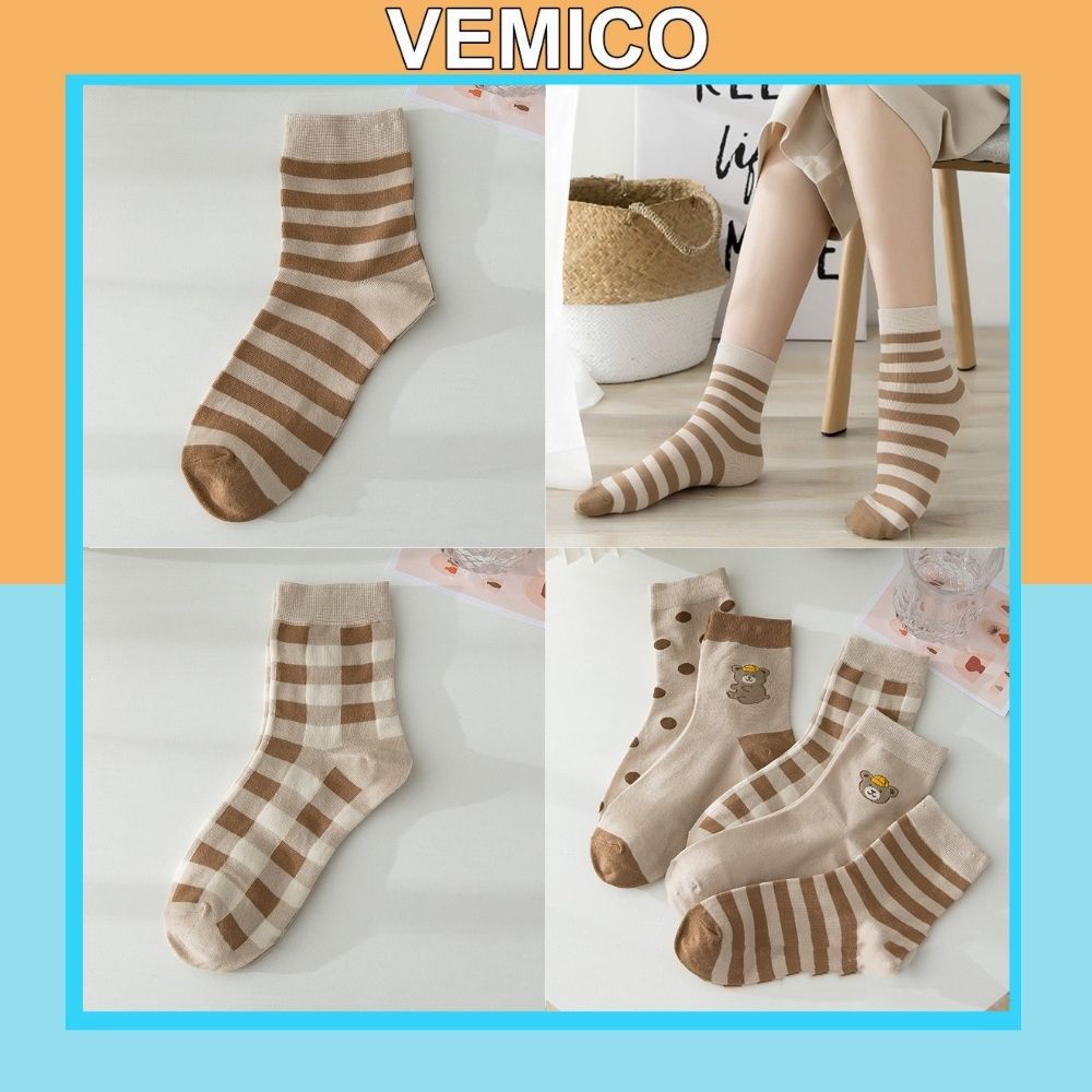 Tất cao cổ in hình gấu nâu cute nữ Vemico vớ cotton co dãn phong cách Hàn Quốc TN139