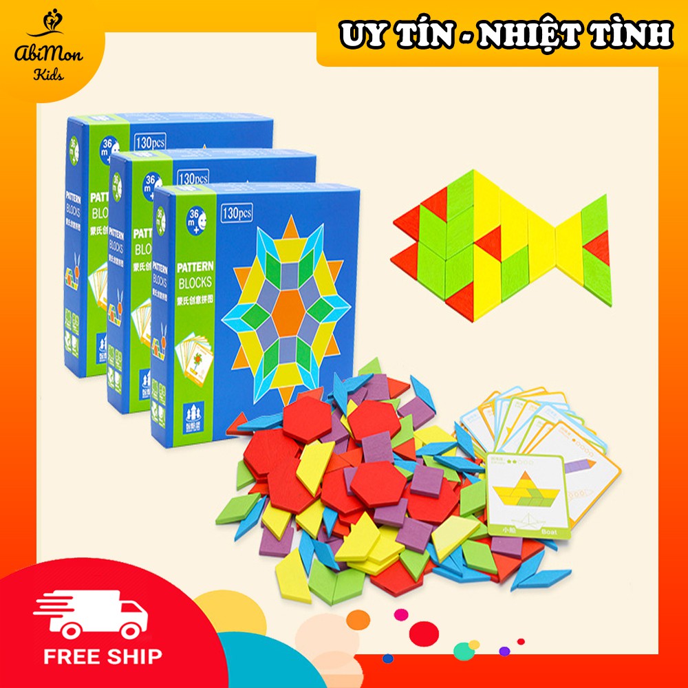 Bộ Ghép Hình Pattern Block Cho Bé (130 miếng) ☘️ Montessori cao cấp ✨ (Đồ chơi Gỗ - Giáo Dục - An toàn - Thông minh)