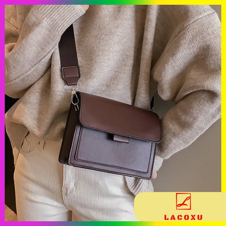 Túi Đeo Chéo Unisex Hình Hộp Da Màu Trơn Phong Cách Cá Tính Tiện Dụng Cho Nam Và Nữ