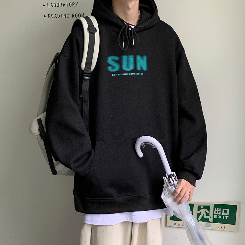 Áo hoodie nhung dày tay dài dáng rộng in chữ đơn giản phong cách Hàn Quốc size M-5XL cho bạn nam