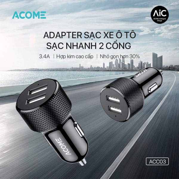 Tẩu Sạc Ô Tô Cốc Sạc Xe Hơi ACOME - ACC03 - 2 Cổng USB Sạc Nhanh 2.4A  Chỉ Báo Đèn LED