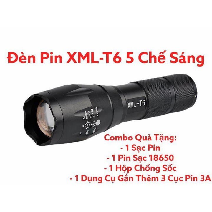 Đèn Pin Siêu Sáng Cao Cấp T6 Hợp Kim Chống Nước Pin Có Thể Sạc Lại Full box