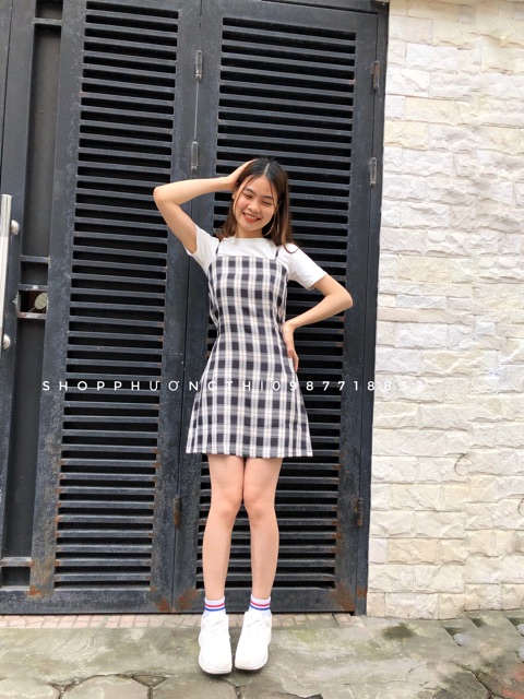 Váy kẻ caro hai dây ulzzang - váy kẻ hai dây caro ( hình shop tự chụp ) | BigBuy360 - bigbuy360.vn