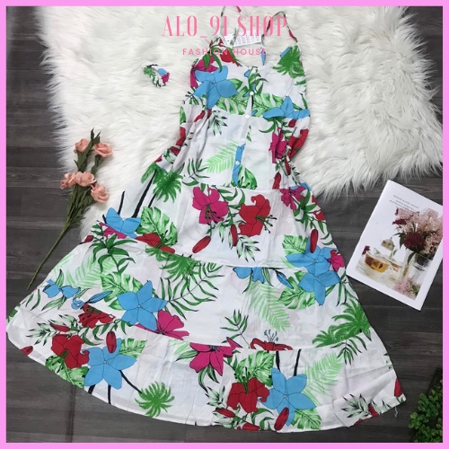 Đầm ngủ 2 dây ALO_91 SHOP, váy ngủ 2 dây hoa tole thái loại 1 kèm buộc tóc xinh xinh (freesize 45_65kg)