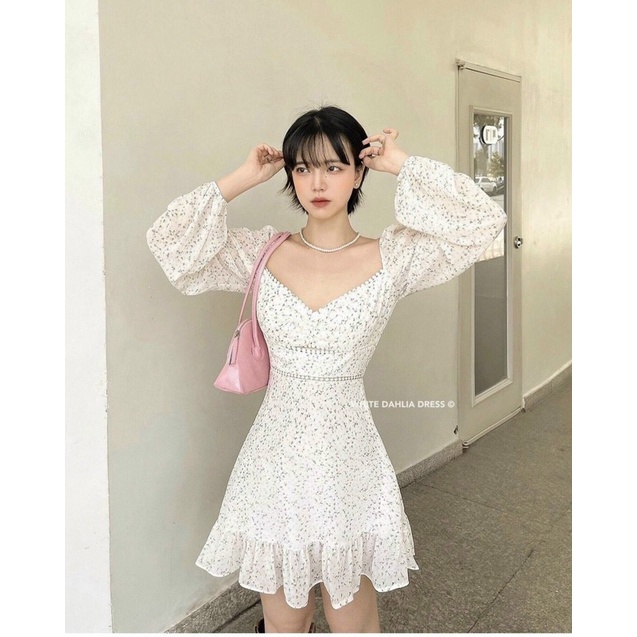 Đầm hoa nhí tay dài vintage tay phồng viền ren dáng ngắn xòe hoa xanh