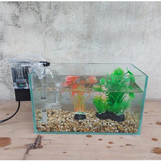 Bể cá mini 24 cm với 5 món (bể 24, sỏi nền, máy lọc, cây nhựa vừa, cây nhựa mini)