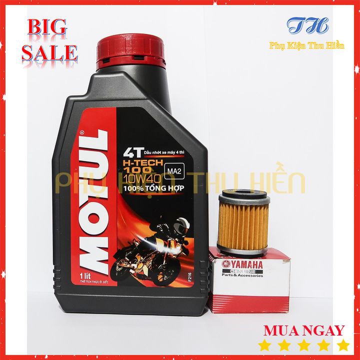 Combo 1 Nhớt Moto Xe Côn Tay Motul  H-Tech 100 10W40 Dung Tích 1L 100% Tổng Hợp + 1 Lọc Nhớt Yamaha Vàng Hộp Đỏ