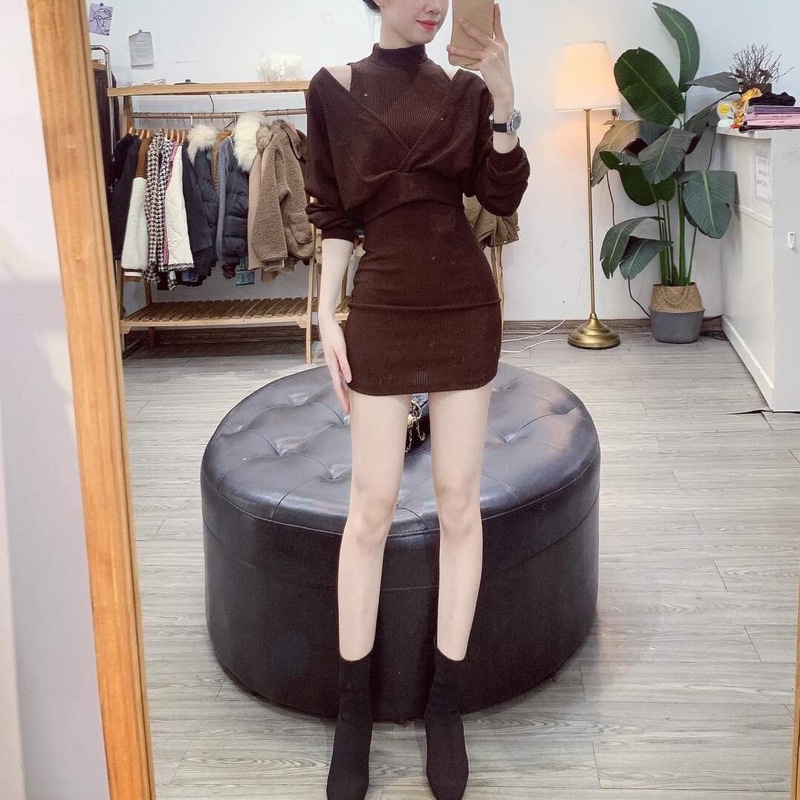 set váy len áo trễ vai sexy quyến rũ mà vẫn ấm quá hợp lí