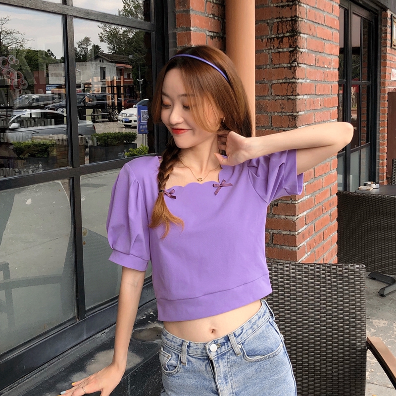 SUXI Áo Thun Ngắn Tay Phối Nơ Xinh Xắn Dành Cho Nữ