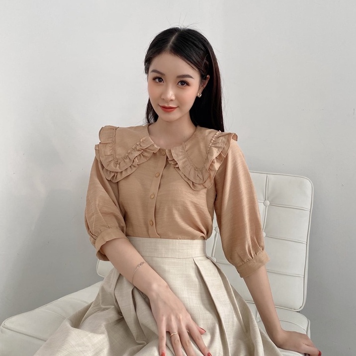 Áo sơ mi tay lỡ FANSIX - A20 sơ mi công sở phối cổ bèo nữ tính, chất vải lụa tơ mềm mại | BigBuy360 - bigbuy360.vn