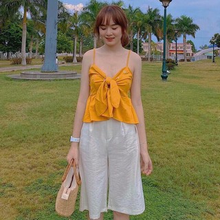 ÁO PEPLUM 2 DÂY VÀNG THÊU HOA CÚC NỮ - ÁO 2 DÂY CHUN LƯNG THẮT NƠ NGỰC ĐI BIỂN HOT