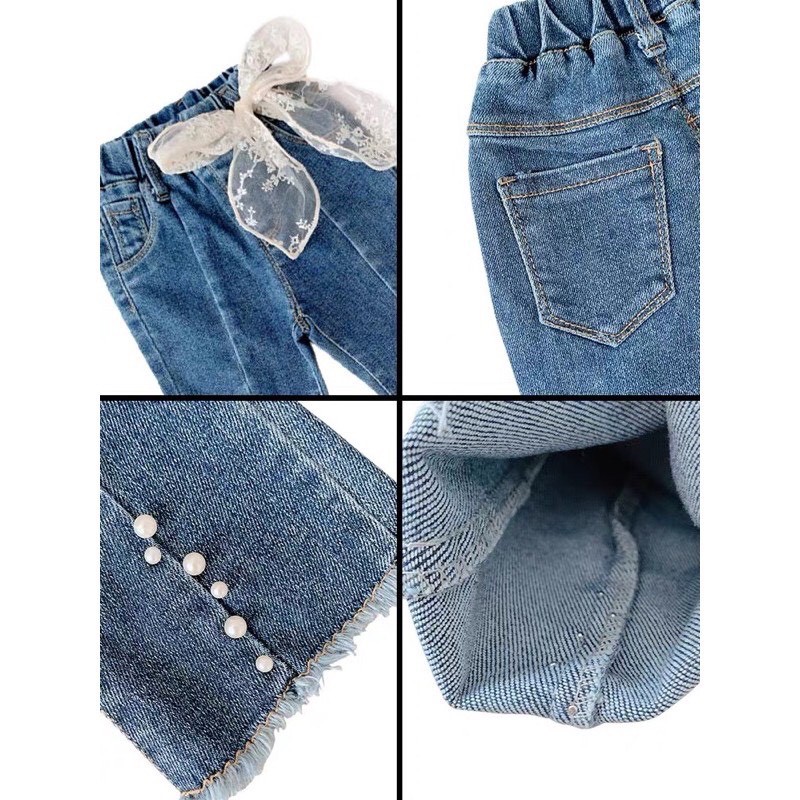 BÁN SỈ QUẦN JEANS XANH NƠ REN ĐÍNH HẠT BÉ GÁI