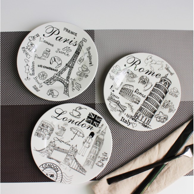 đĩa tròn gốm họa tiết danh lam thắng cảnh tạo cảm giác hiện đại mà ấm cúng cho bữa ăn gia đình (hàng order)