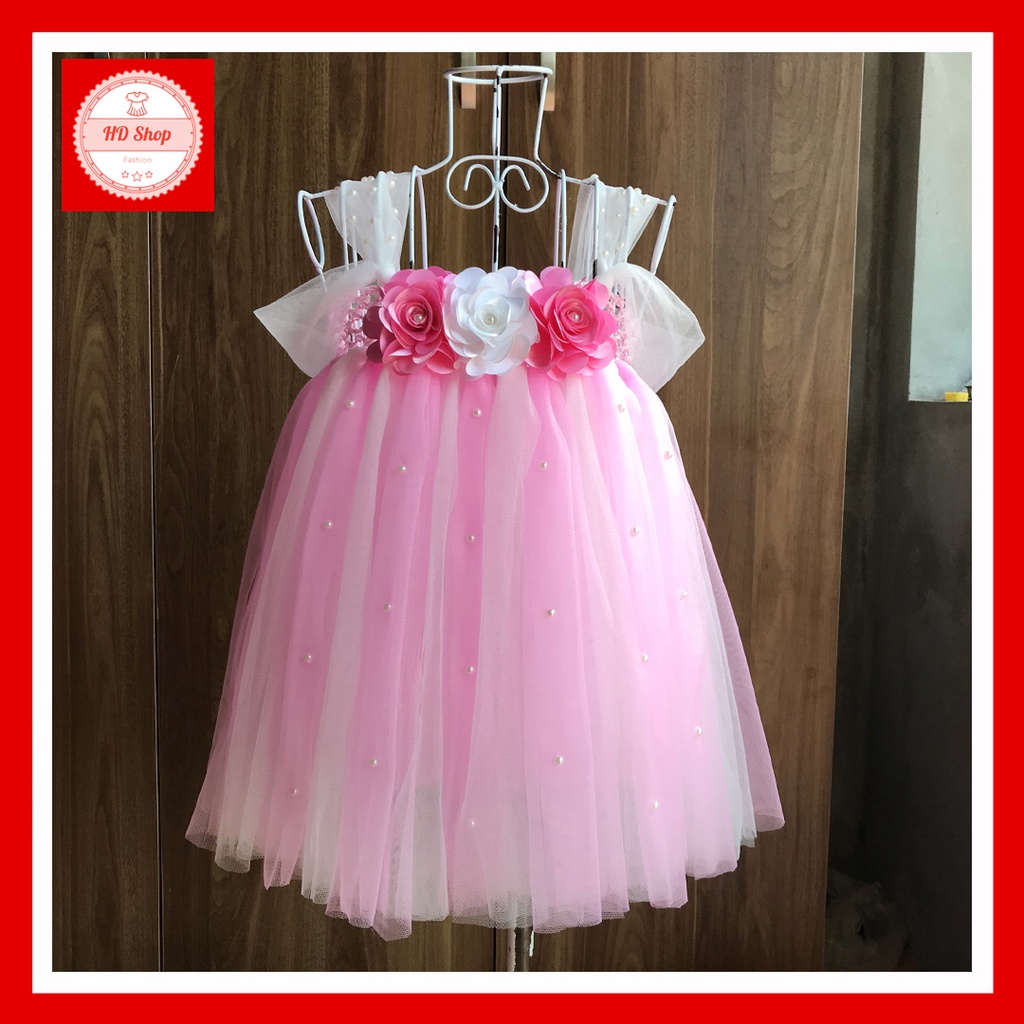 Váy cho bé, váy công chúa hồng phấn phối trắng cho bé gái từ 1 tháng đến 5 tuổi