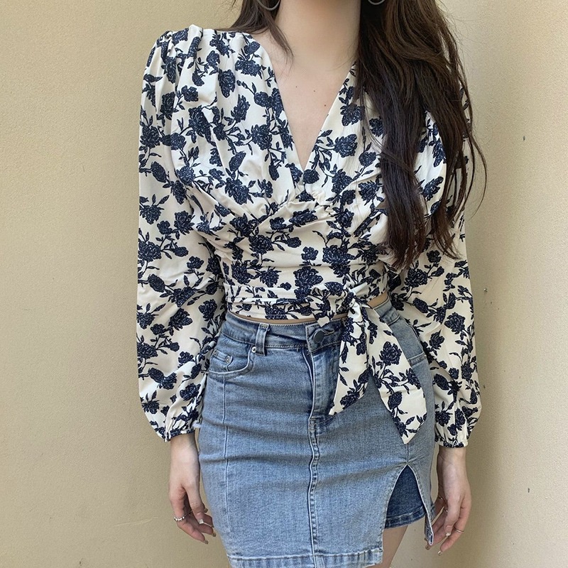 Áo Nữ Tay Dài Cổ Chữ V In Hoa Phong Cách Hàn Quốc