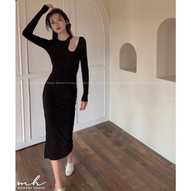 Đầm body khoét vai, basic tay dài, size S M ,hàng sẵn thun gân dày dặn co giãn tốt