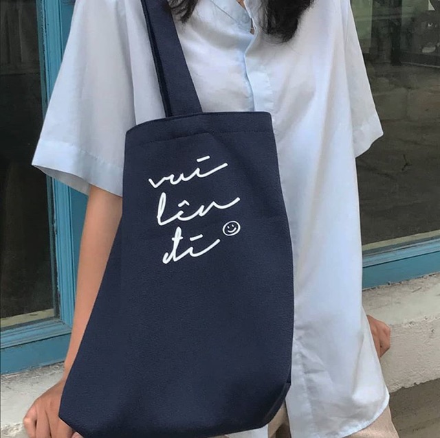 Túi tote đeo vai xanh navy cute - Vui Lên Đi