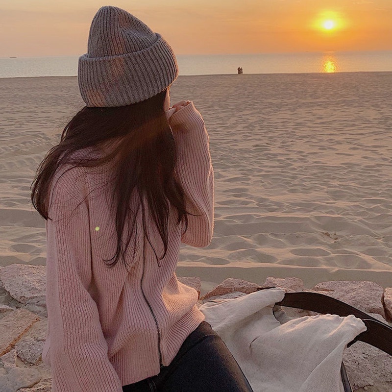 Áo Khoác Cardigan Dệt Kim Cổ Cao Dáng Rộng Màu Sắc Đơn Giản Thời Trang Thu Đông Cho Nữ