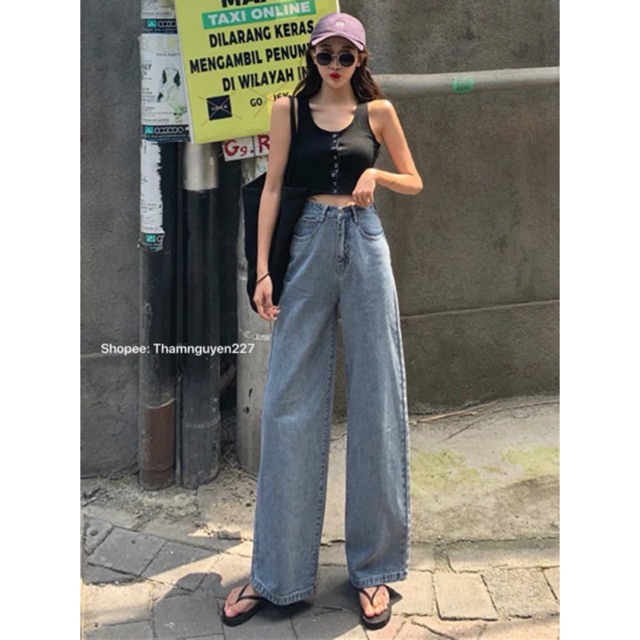 [ sẵn S M L ] Quần bò ống rộng retro / quần jeans dài culottes ulzzang lưng cao chân dài bigsize có kích thước lớn